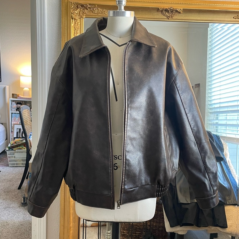 Topshop Oversized Brown Leather Jacket